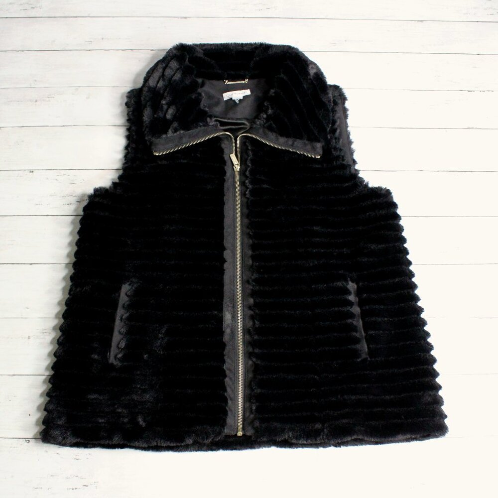 Calvin Klein Black Faux Fur Jacket Vest Women's Size M Zip Luxurious Designer